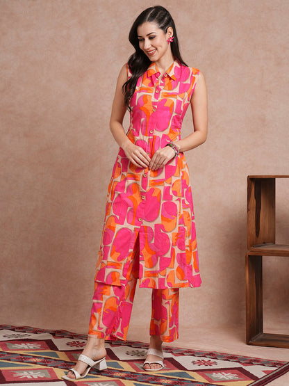 Abstract Printed A-Line Paneled Co-ord Set - Multi