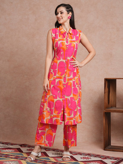 Abstract Printed A-Line Paneled Co-ord Set - Multi