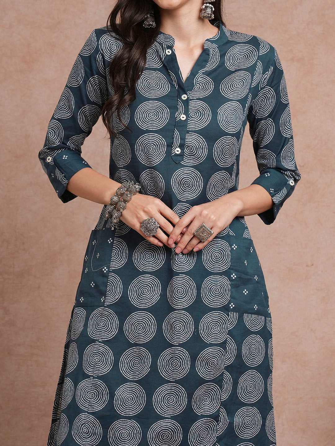 Abstract Floral Printed A-Line Kurta with Pant - Teal Blue