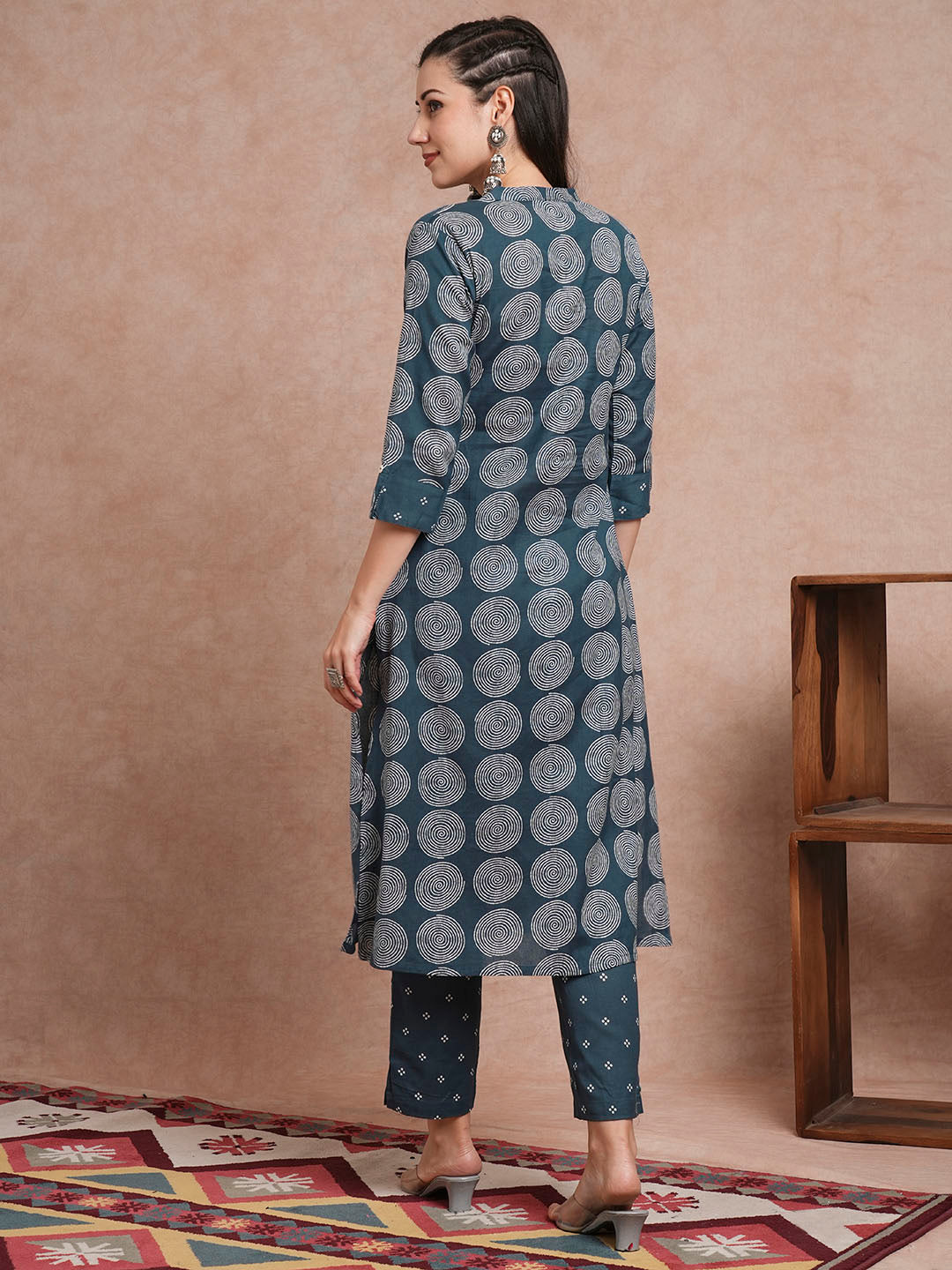 Abstract Floral Printed A-Line Kurta with Pant - Teal Blue