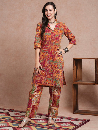 Ethnic Geometric Printed Straight Fit Co-ord Set - Multi