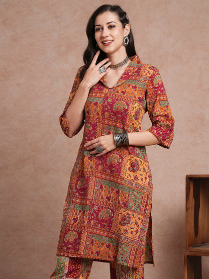 Ethnic Geometric Printed Straight Fit Co-ord Set - Multi