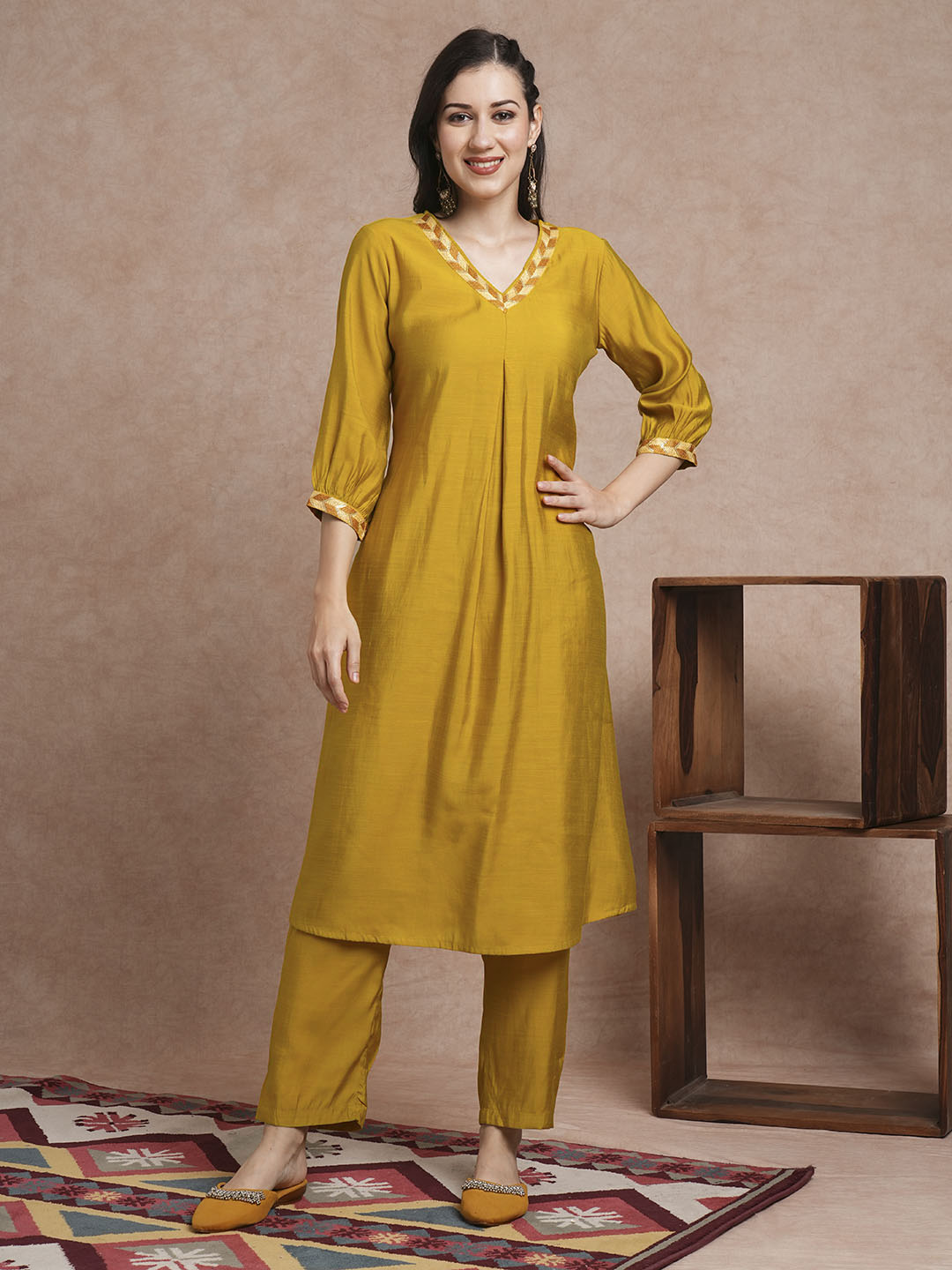 Solid Ethnic Sequin Embroidered A-Line Paneled Co-ord Set - Mustard