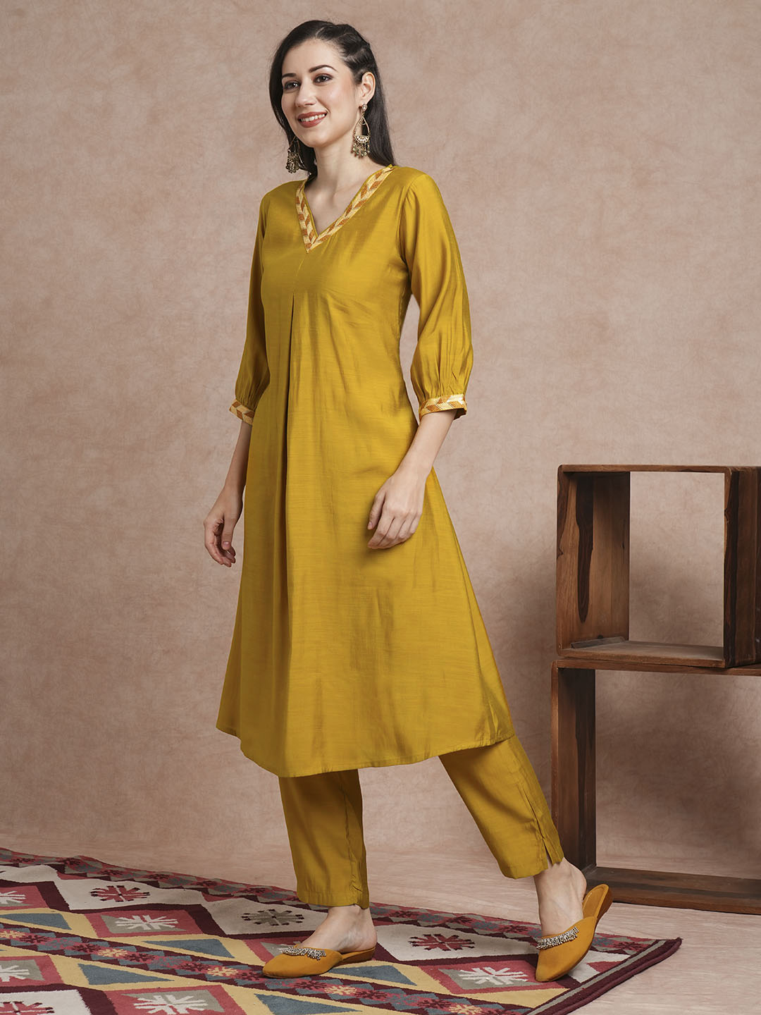 Solid Ethnic Sequin Embroidered A-Line Paneled Co-ord Set - Mustard