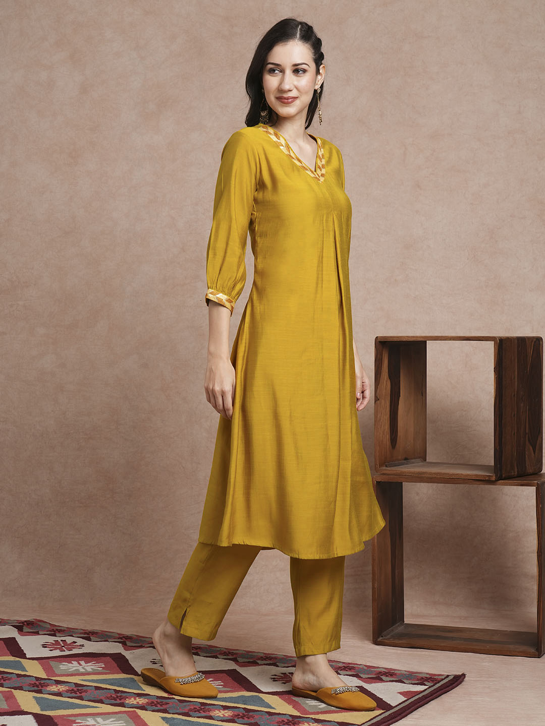 Solid Ethnic Sequin Embroidered A-Line Paneled Co-ord Set - Mustard