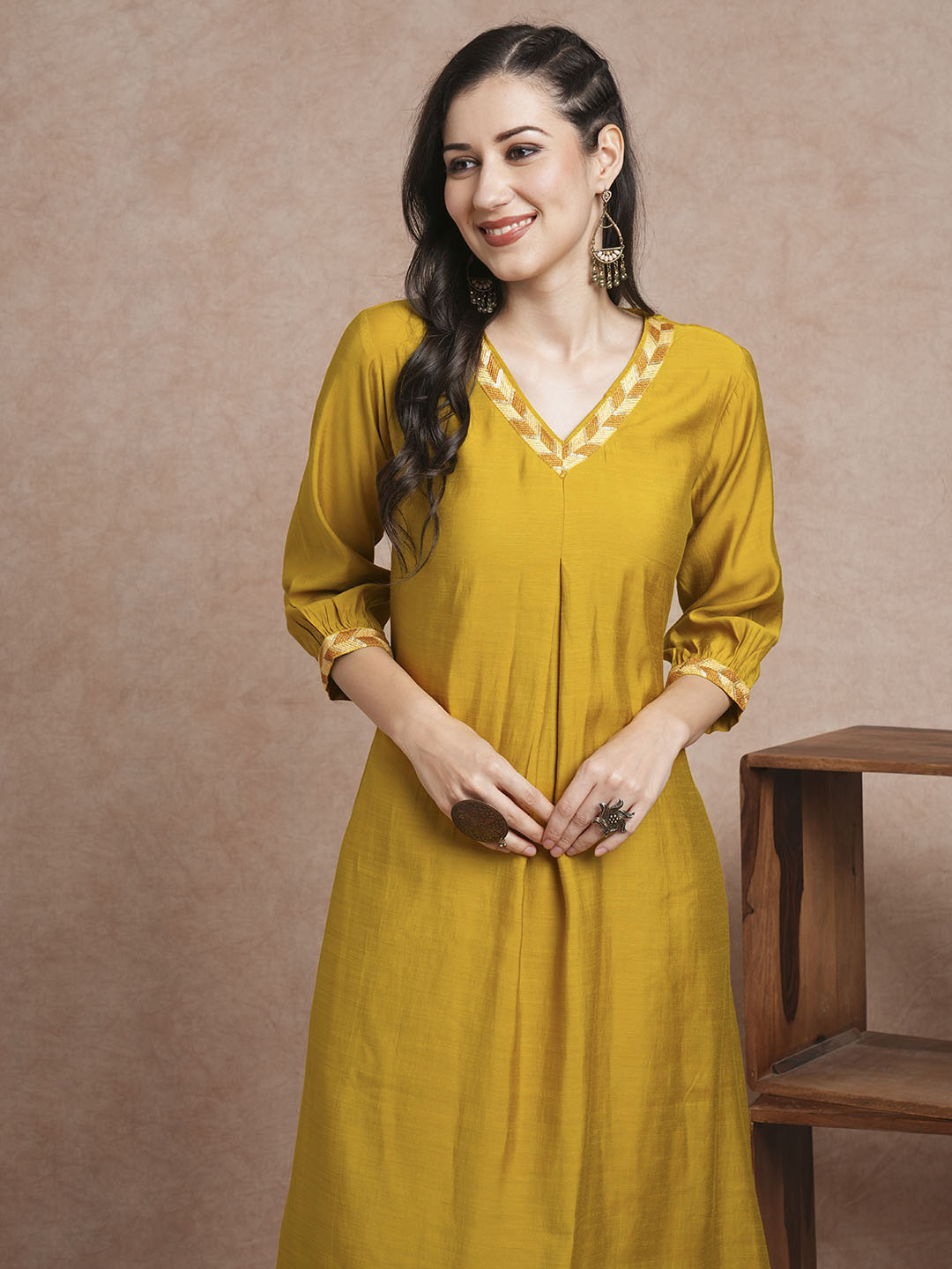 Solid Ethnic Sequin Embroidered A-Line Paneled Co-ord Set - Mustard