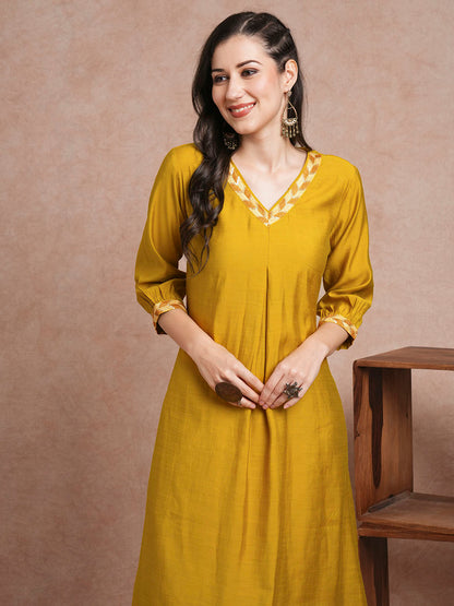 Solid Ethnic Sequin Embroidered A-Line Paneled Co-ord Set - Mustard