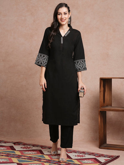 Solid Ethnic Embroidered Straight Fit Co-ord Set - Black