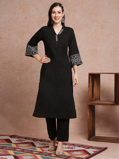 Solid Ethnic Embroidered Straight Fit Co-ord Set - Black