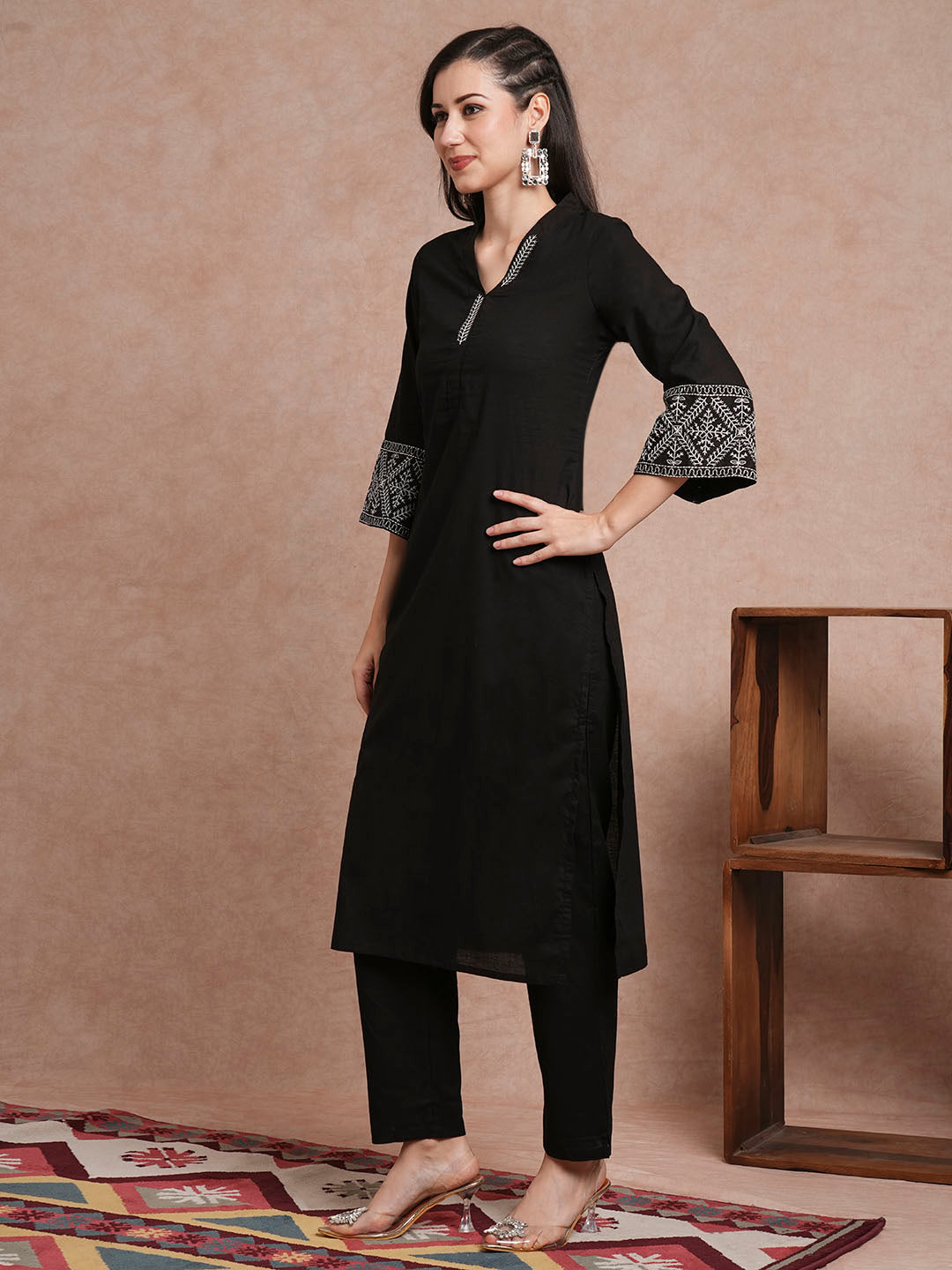 Solid Ethnic Embroidered Straight Fit Co-ord Set - Black