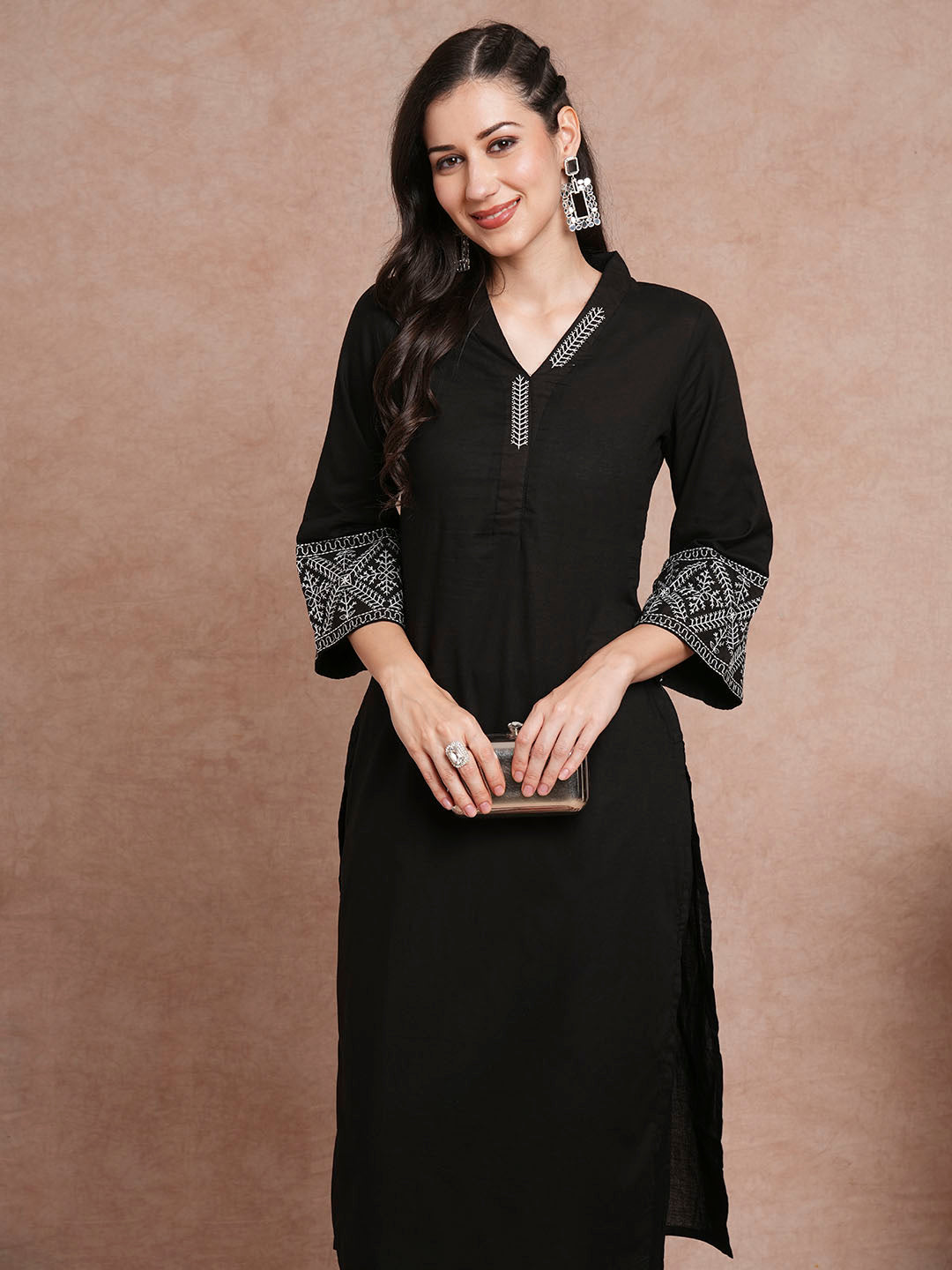 Solid Ethnic Embroidered Straight Fit Co-ord Set - Black