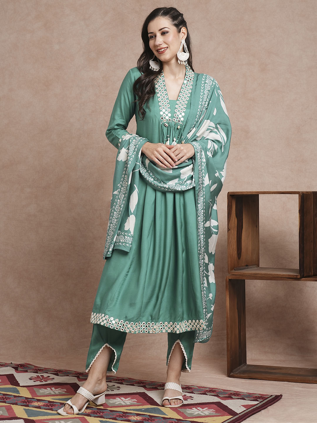 Solid Mirror Embroidered A-Line Paneled Kurta with Pant and Printed Dupatta - Sea Green