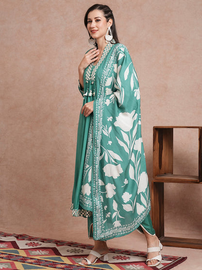 Solid Mirror Embroidered A-Line Paneled Kurta with Pant and Printed Dupatta - Sea Green