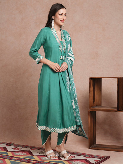 Solid Mirror Embroidered A-Line Paneled Kurta with Pant and Printed Dupatta - Sea Green