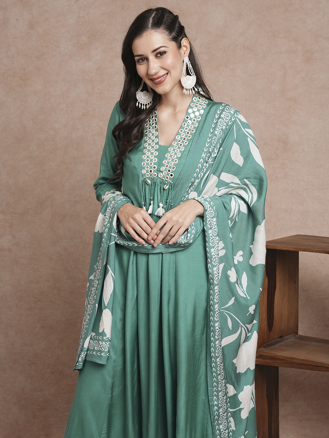 Solid Mirror Embroidered A-Line Paneled Kurta with Pant and Printed Dupatta - Sea Green