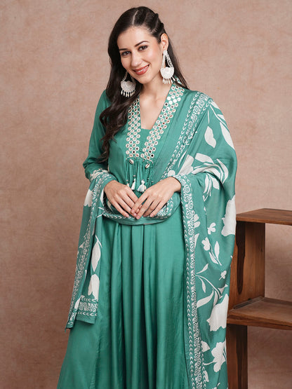 Solid Mirror Embroidered A-Line Paneled Kurta with Pant and Printed Dupatta - Sea Green