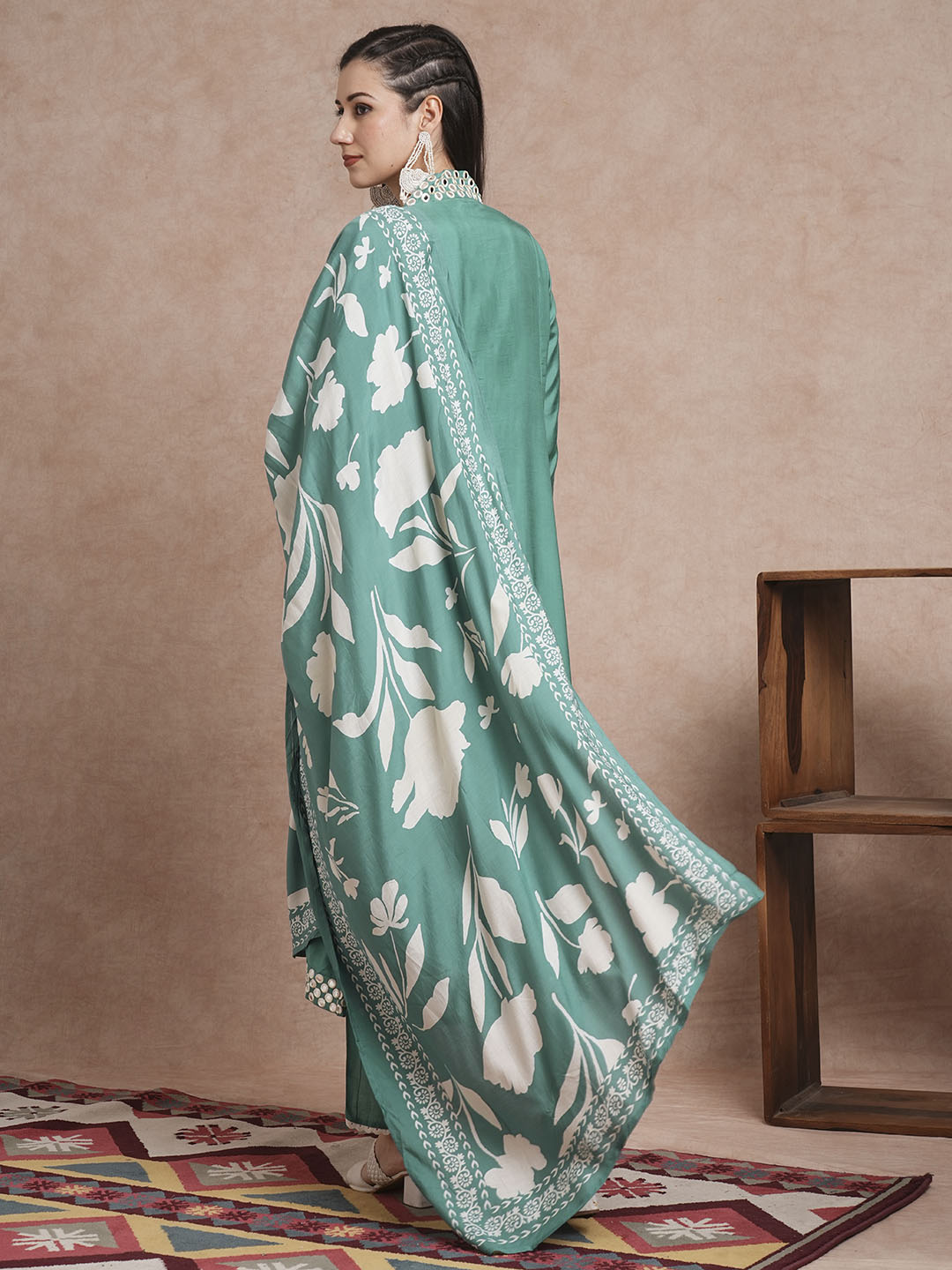 Solid Mirror Embroidered A-Line Paneled Kurta with Pant and Printed Dupatta - Sea Green