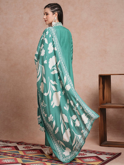 Solid Mirror Embroidered A-Line Paneled Kurta with Pant and Printed Dupatta - Sea Green