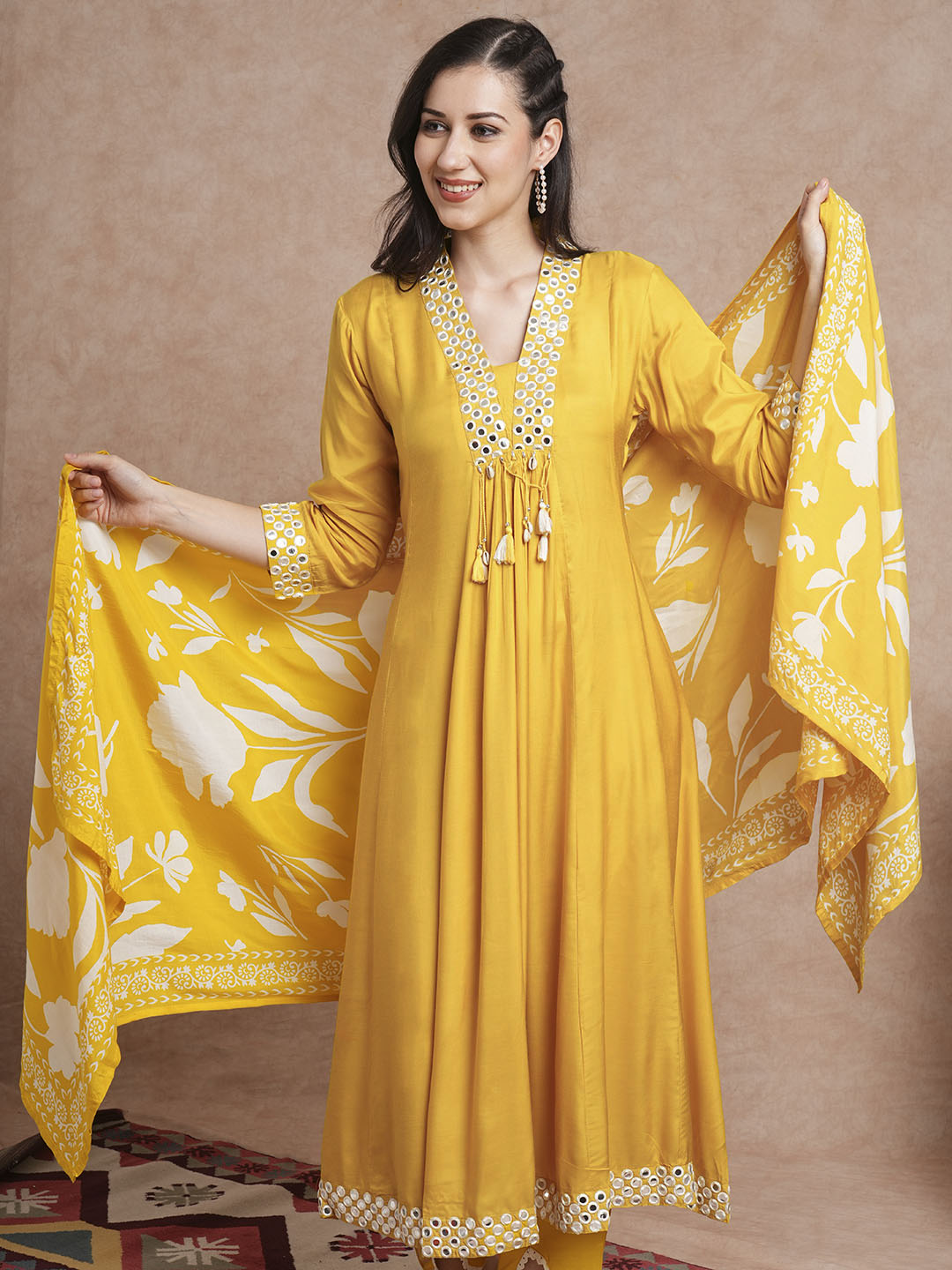 Solid Mirror Embroidered A-Line Paneled Kurta with Pant and Printed Dupatta - Yellow