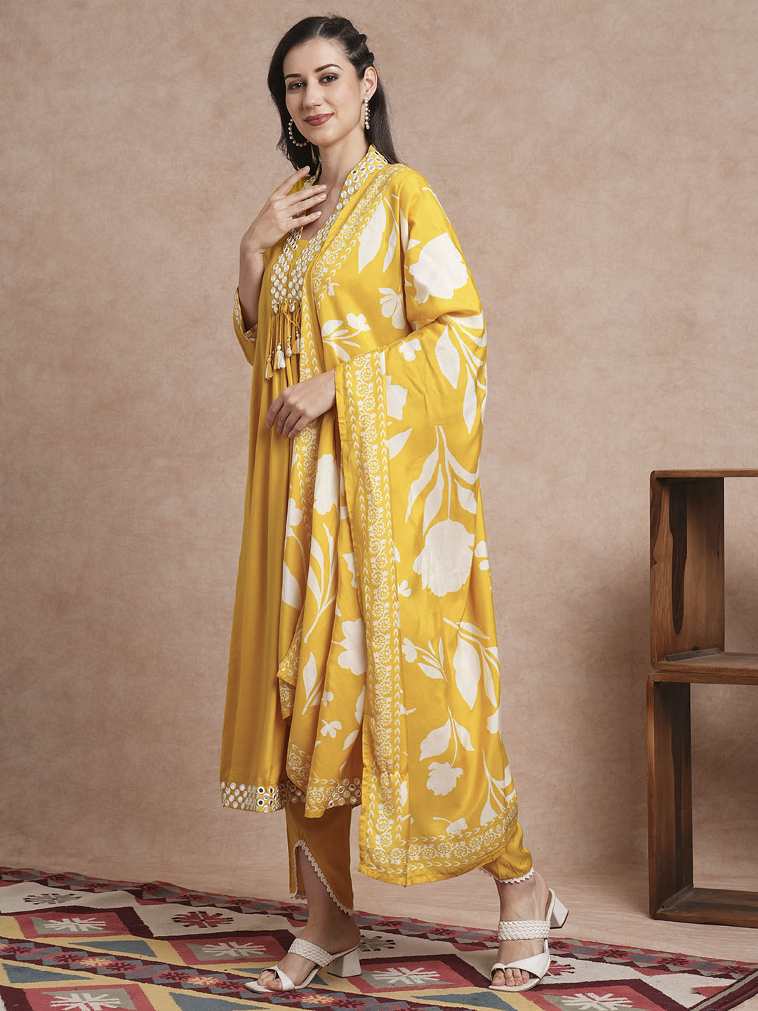 Solid Mirror Embroidered A-Line Paneled Kurta with Pant and Printed Dupatta - Yellow