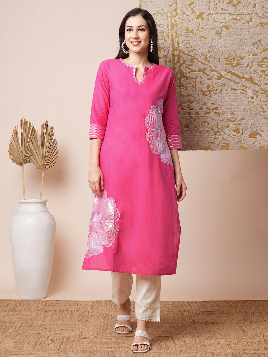 Floral Sequin Embroidered Straight Fit Kurta - Pink