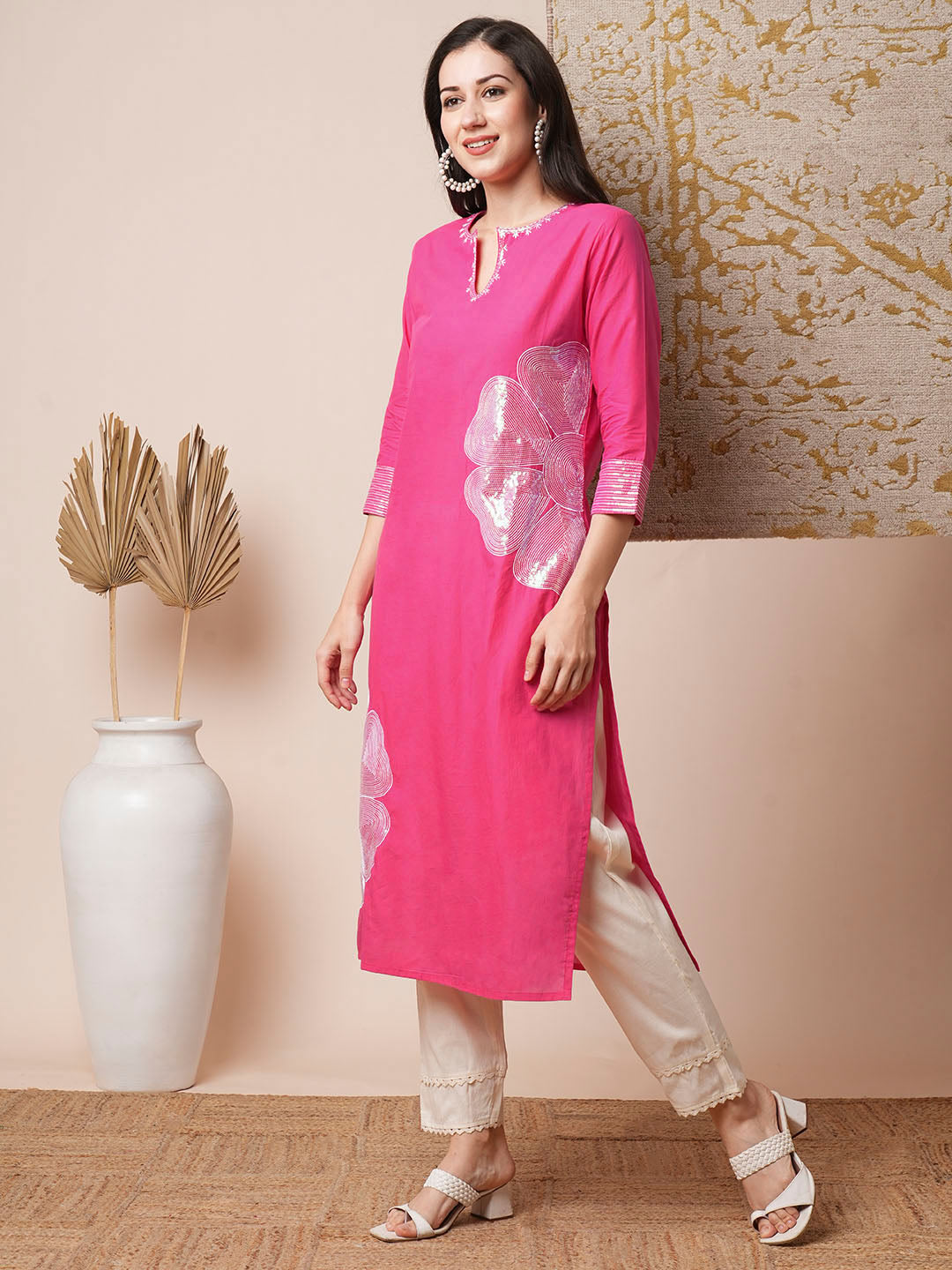 Floral Sequin Embroidered Straight Fit Kurta - Pink