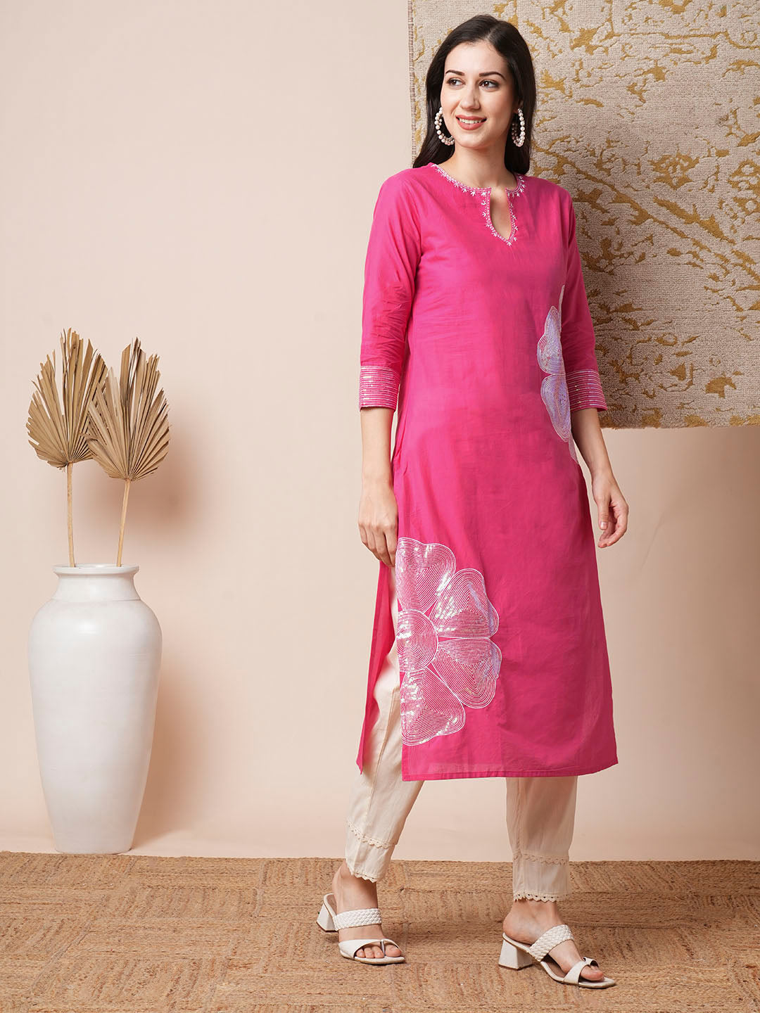 Floral Sequin Embroidered Straight Fit Kurta - Pink