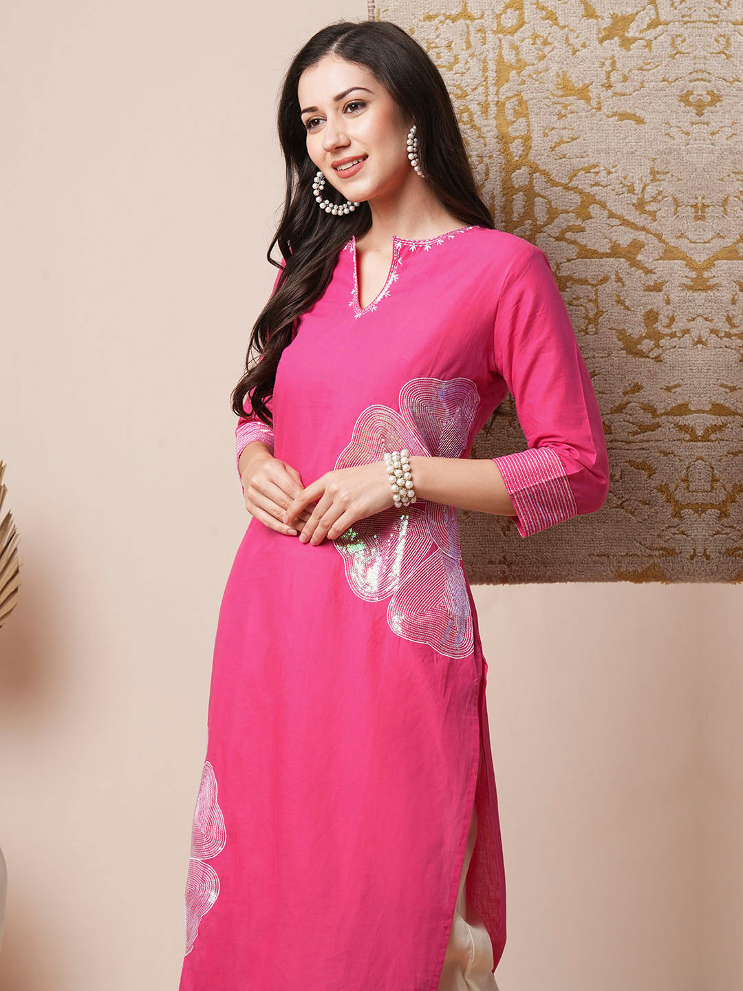 Floral Sequin Embroidered Straight Fit Kurta - Pink