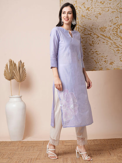 Floral Sequin Embroidered Straight Fit Kurta - Lavender