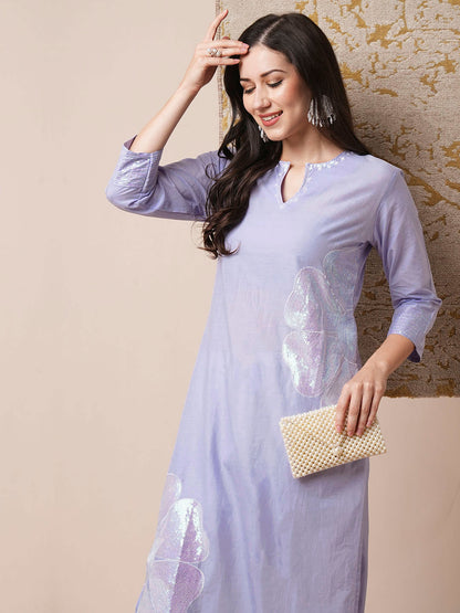 Floral Sequin Embroidered Straight Fit Kurta - Lavender