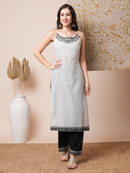 Ethnic Printed Embroidered Straight Fit Kurta with Palazzo - White