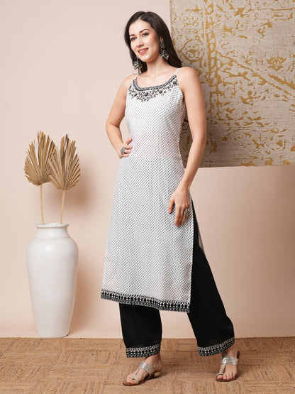 Ethnic Printed Embroidered Straight Fit Kurta with Palazzo - White