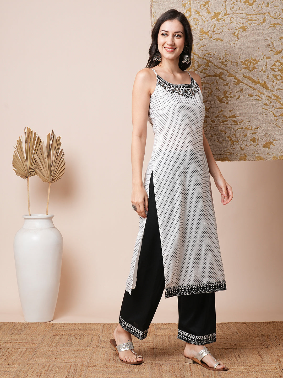 Ethnic Printed Embroidered Straight Fit Kurta with Palazzo - White