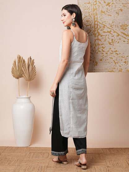 Ethnic Printed Embroidered Straight Fit Kurta with Palazzo - White