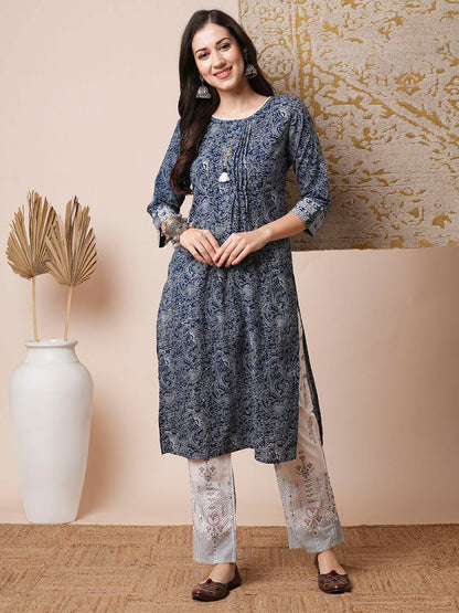 Ethnic Printed Straight Fit Kurta with Pant - Blue