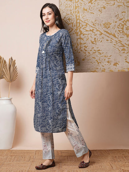 Ethnic Printed Straight Fit Kurta with Pant - Blue