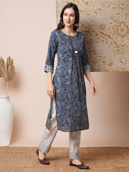 Ethnic Printed Straight Fit Kurta with Pant - Blue