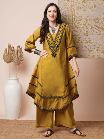 Solid Ethnic Mirror Embroidered A-Line Paneled High-Low Co-ord Set - Mustard