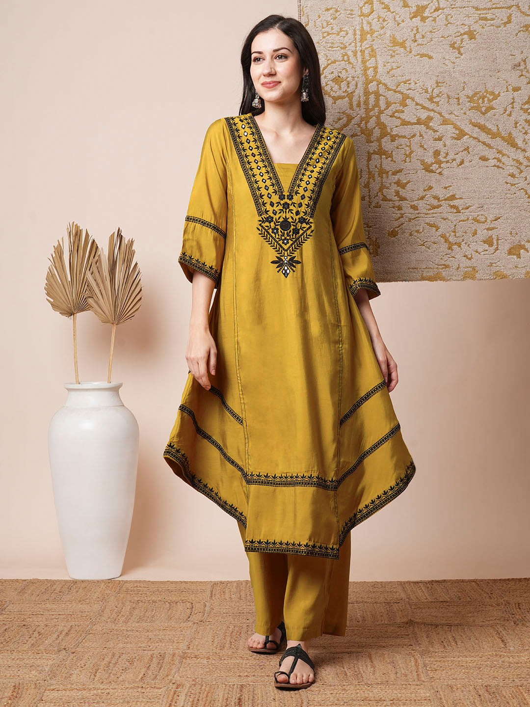 Solid Ethnic Mirror Embroidered A-Line Paneled High-Low Co-ord Set - Mustard