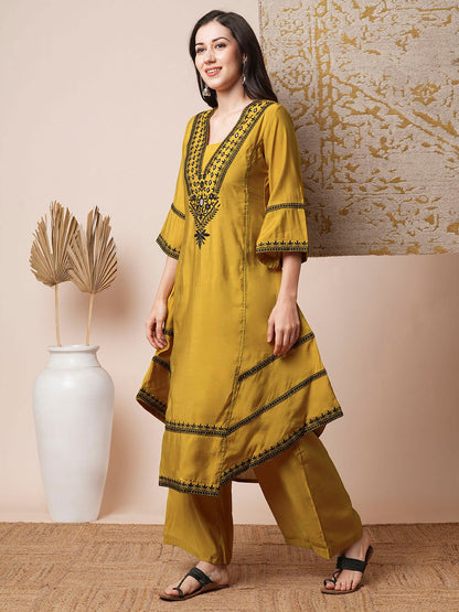 Solid Ethnic Mirror Embroidered A-Line Paneled High-Low Co-ord Set - Mustard