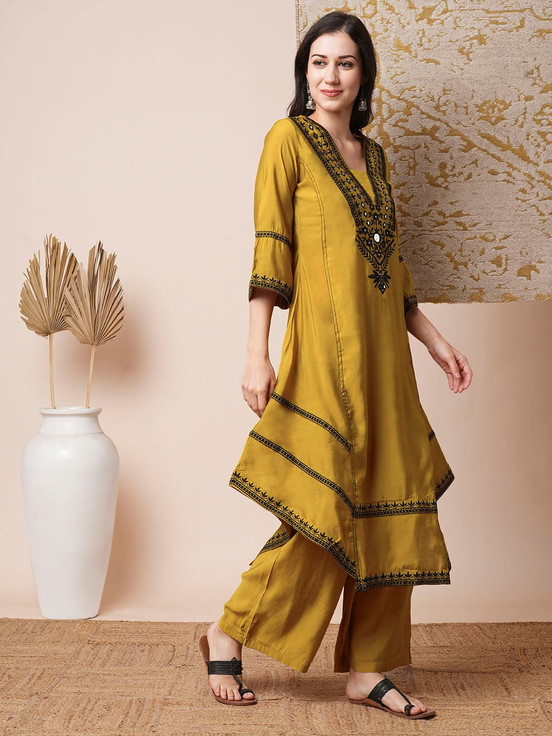 Solid Ethnic Mirror Embroidered A-Line Paneled High-Low Co-ord Set - Mustard