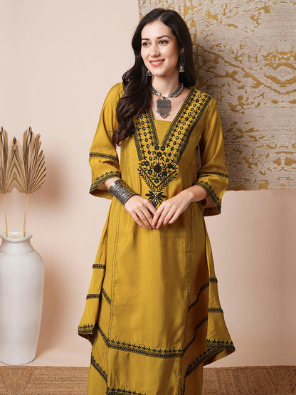 Solid Ethnic Mirror Embroidered A-Line Paneled High-Low Co-ord Set - Mustard