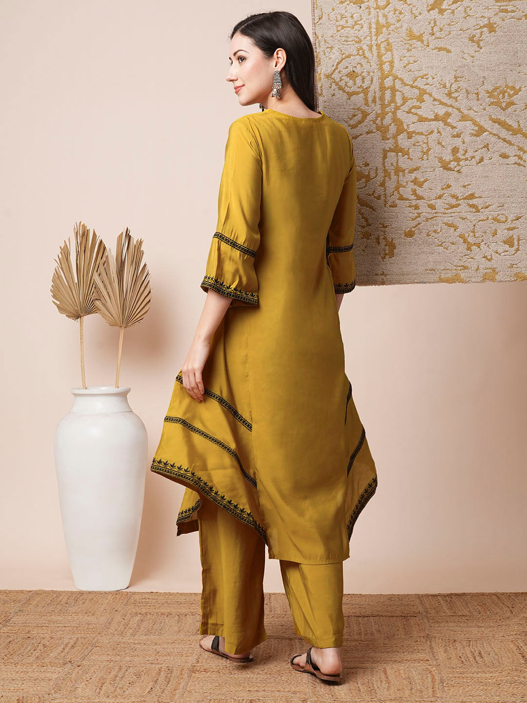 Solid Ethnic Mirror Embroidered A-Line Paneled High-Low Co-ord Set - Mustard