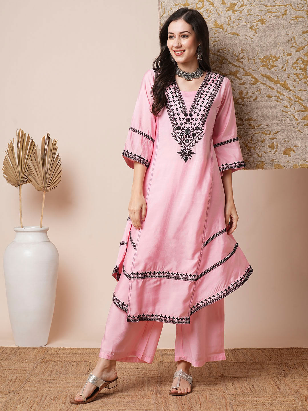 Solid Ethnic Mirror Embroidered A-Line Paneled High-Low Co-ord Set - Baby Pink