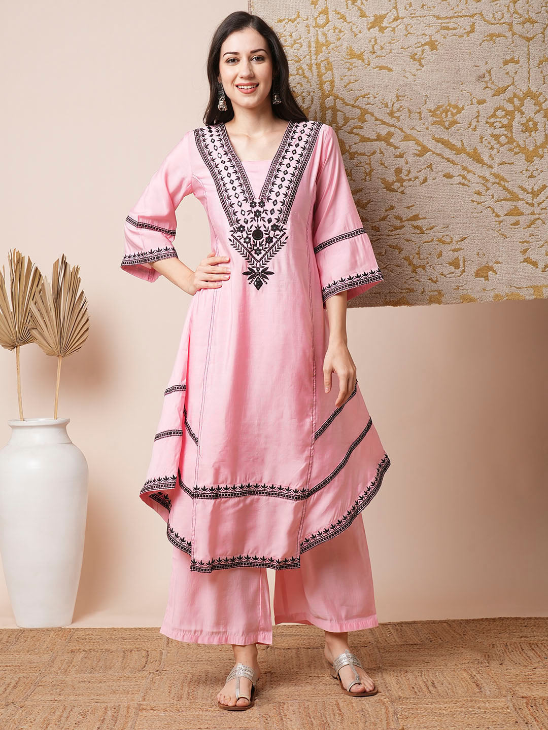 Solid Ethnic Mirror Embroidered A-Line Paneled High-Low Co-ord Set - Baby Pink