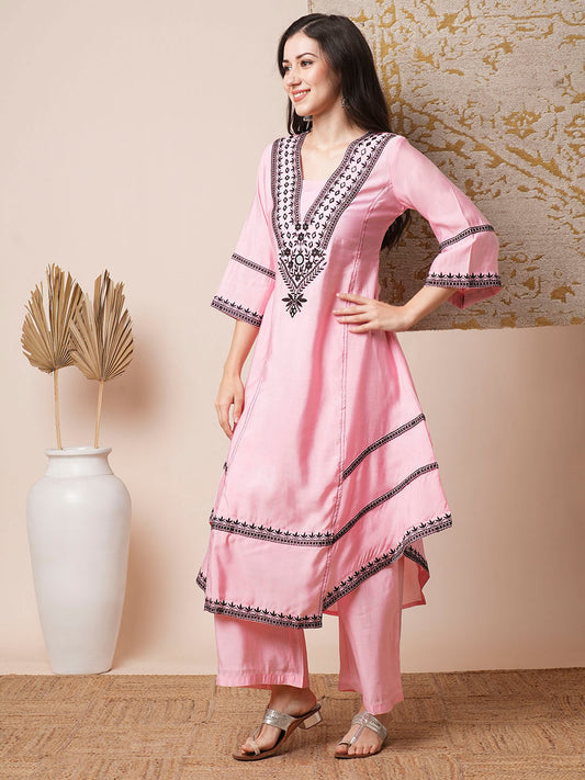 Solid Ethnic Mirror Embroidered A-Line Paneled High-Low Co-ord Set - Baby Pink