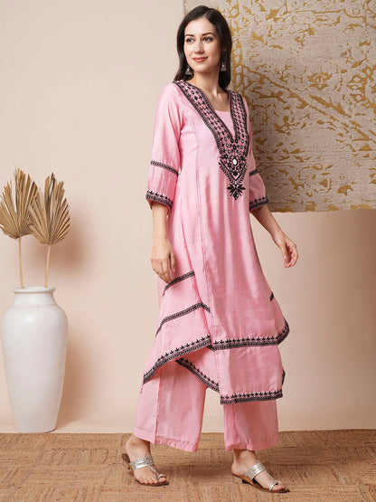 Solid Ethnic Mirror Embroidered A-Line Paneled High-Low Co-ord Set - Baby Pink