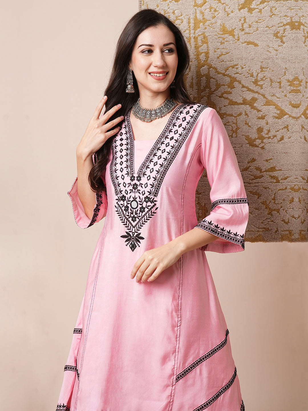 Solid Ethnic Mirror Embroidered A-Line Paneled High-Low Co-ord Set - Baby Pink