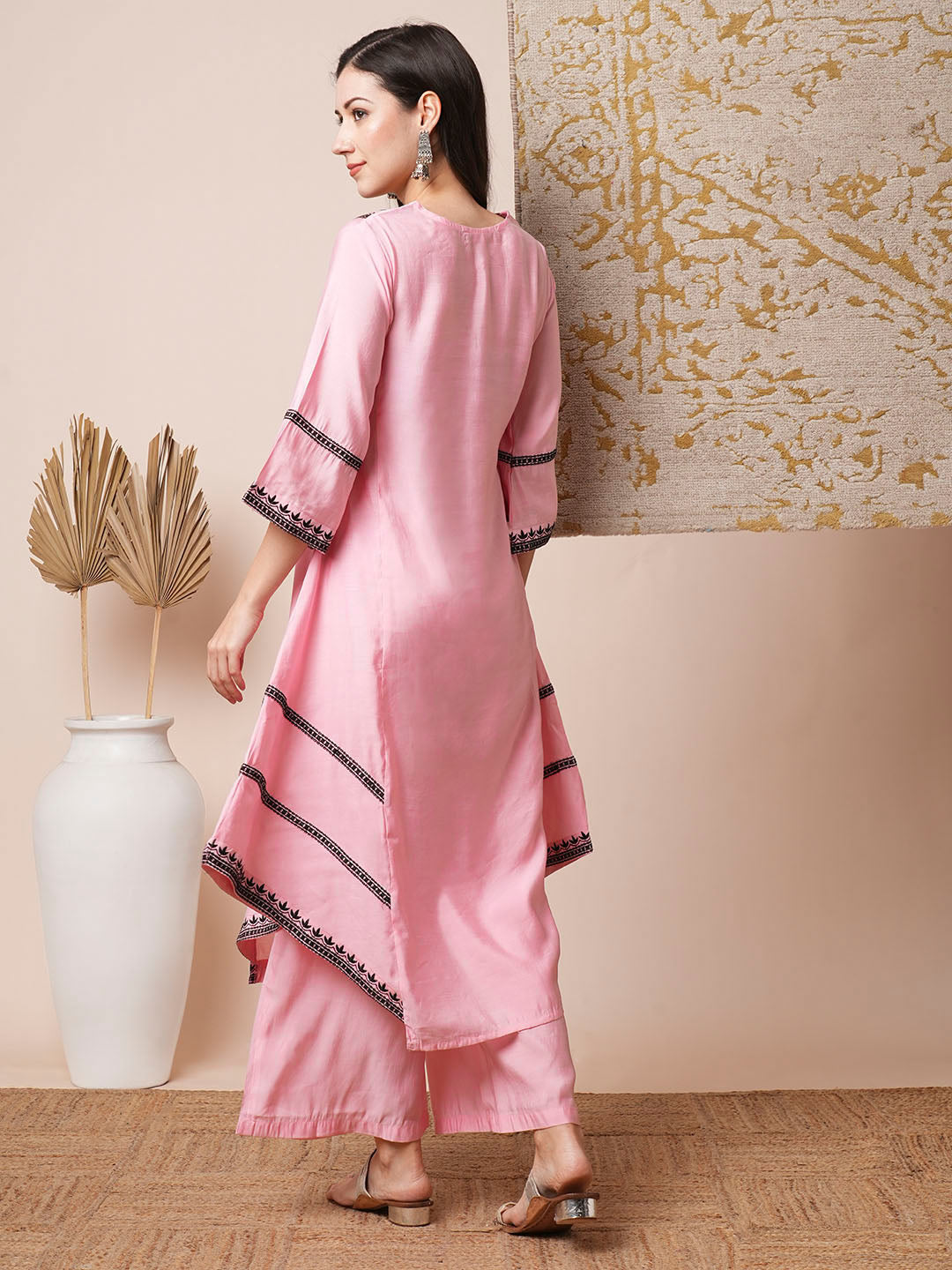 Solid Ethnic Mirror Embroidered A-Line Paneled High-Low Co-ord Set - Baby Pink