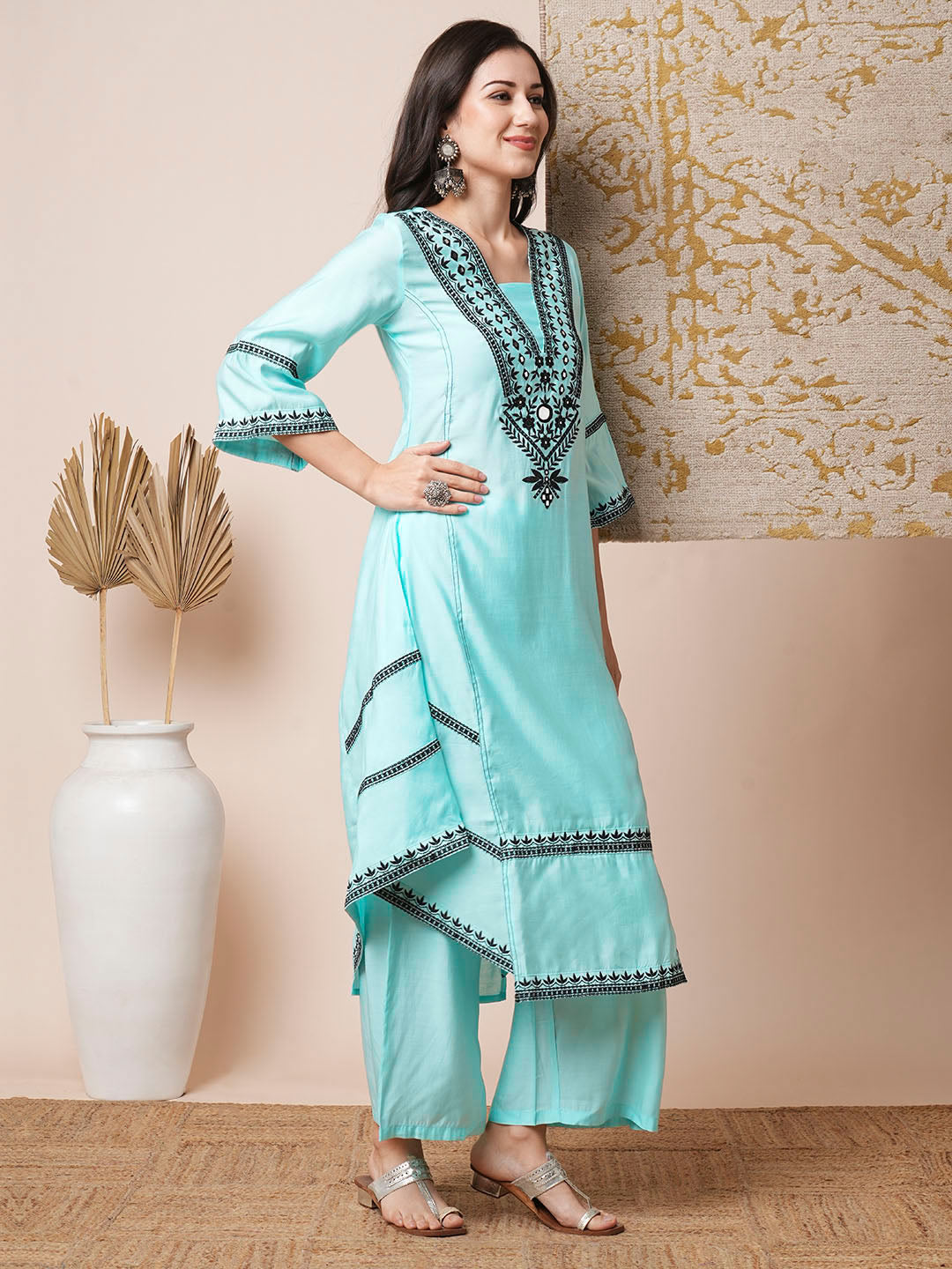 Solid Ethnic Mirror Embroidered A-Line Paneled High-Low Co-ord Set - Cyan Blue